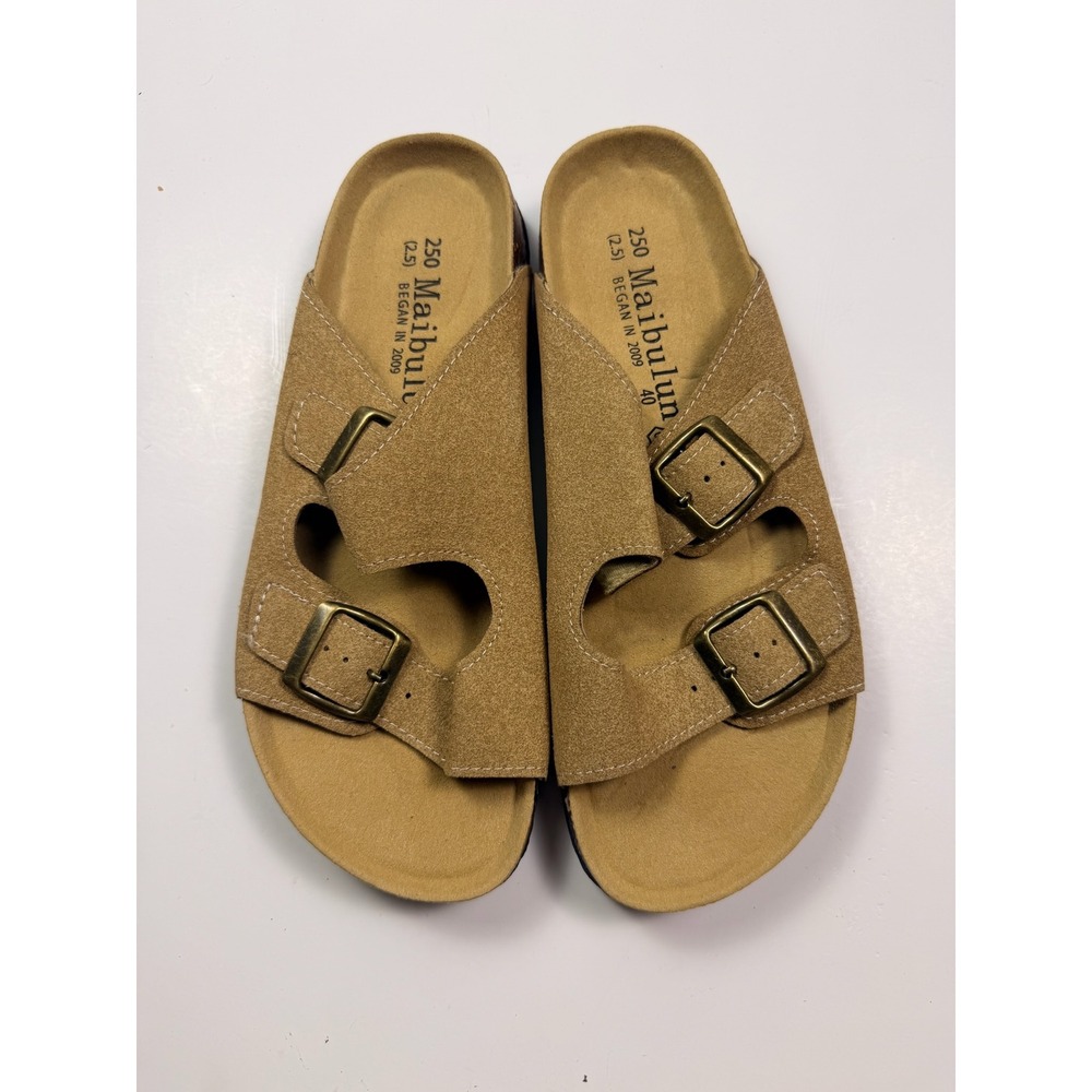 Tan Suede Double Buckle Slide Sandals Cork Footbed Womens Birk Style Size 40